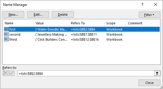 Example of named ranges in Excel 365