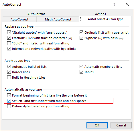 AutoFormat As You Type in Word Options 2016 AutoFormat As You Type in Word Options 2016