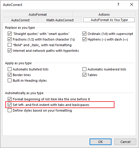 AutoFormat As You Type in Word Options 365