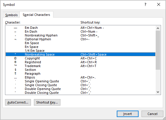 Nonbreaking Space in Word 365