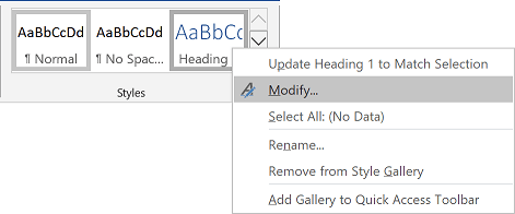 Modify Style in popup Word 2016 Modify Style in popup Word 2016