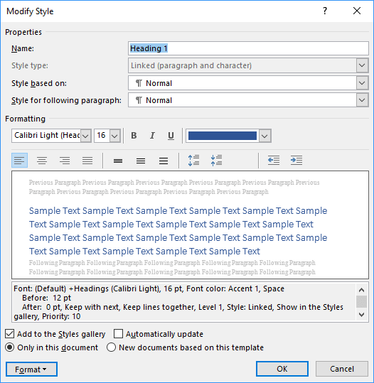 Modify Style in Word 2016