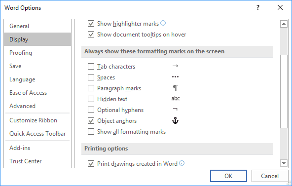 Display tab in Word Options 2016