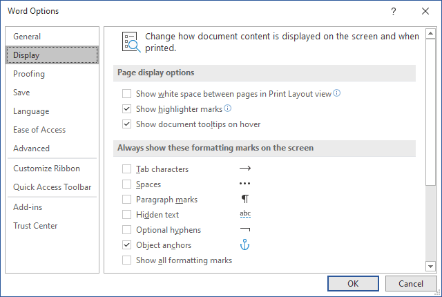 word formatting marks print