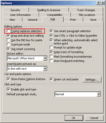 Options in Word 2003