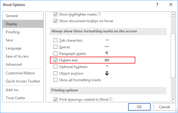 Display tab in Word Options 2016