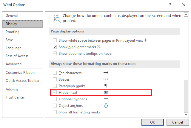 Display tab in Word Options 365