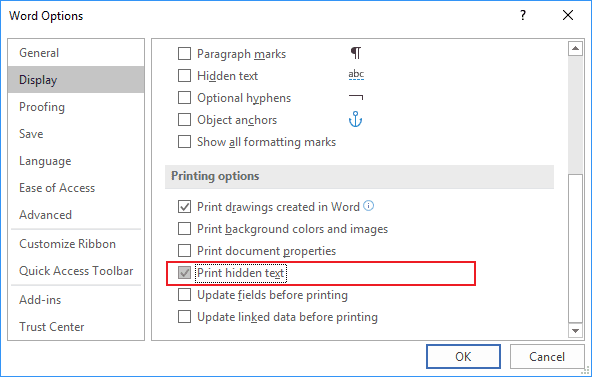 Display tab in Word Options 2016