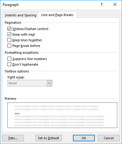 Keep with next in Paragraph dialog box Word 2016