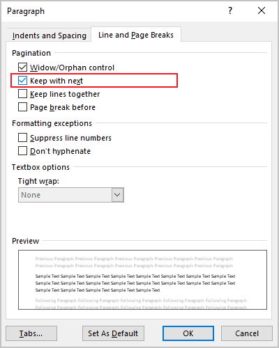 Keep with next in Paragraph dialog box Word 365