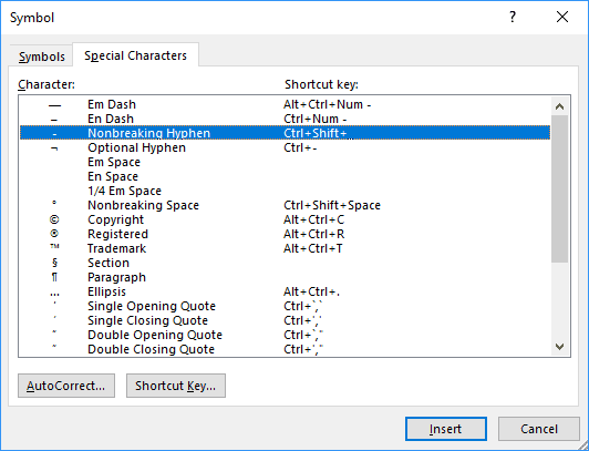 Insert the Nonbreaking Hyphen in Word 2016