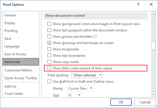 Advanced tab in Word Options 2016