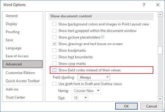 Advanced tab in Word Options 365