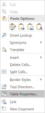 Table properties in the popup menu Word 2016