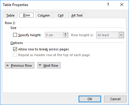 Table Properties in Word 2016