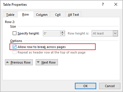 Table Properties in Word 365