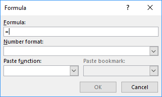 Formula dialog box in Word 2016 Formula dialog box in Word 2016