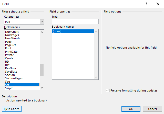 Field Code in the Field dialog box Word 2016 Field Code in the Field dialog box Word 2016