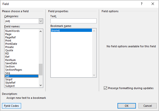 Field Code in the Field dialog box Word 365