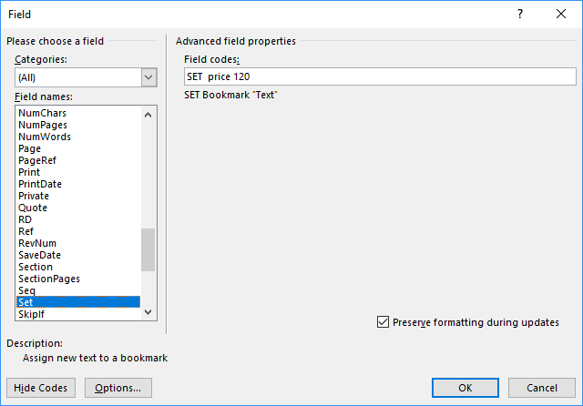 Example of the Field Code in Word 2016