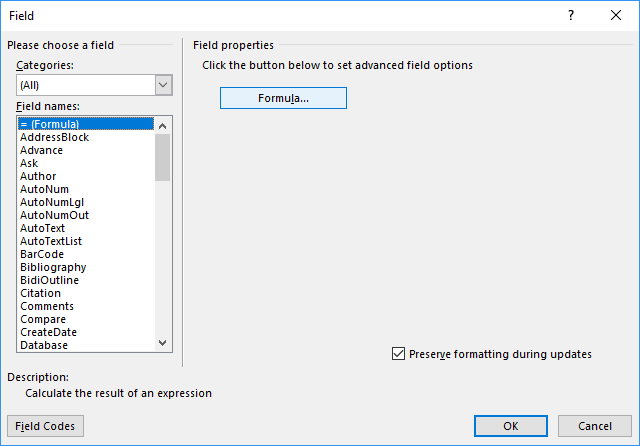 Formula in the Field dialog box Word 2016 Formula in the Field dialog box Word 2016