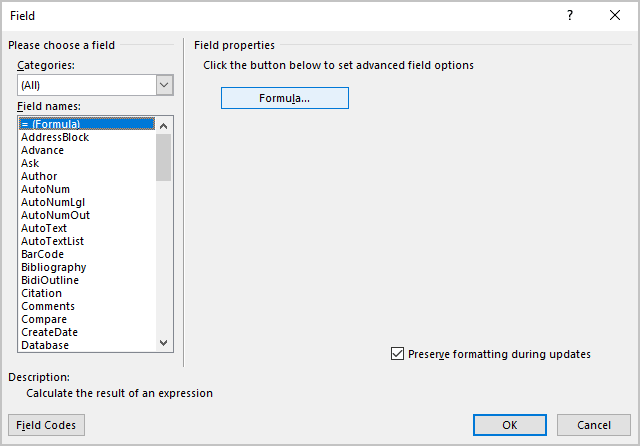 Formula in the Field dialog box Word 365