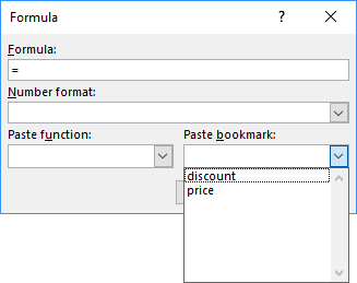 Bookmarks in Formula dialog box Word 2016