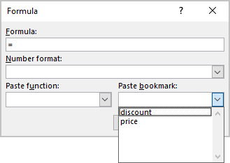Bookmarks in Formula dialog box Word 365