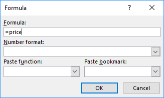Example of the bookmark in Formula dialog box Word 2016