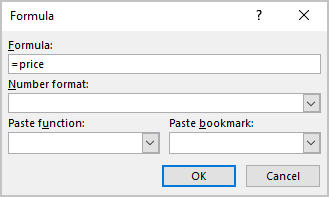 Example of the bookmark in Formula dialog box Word 365
