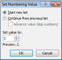 Set Numbering Value in Word 2010