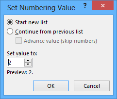Set Numbering Value in Word 2013