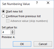 Set Numbering Value in Word 2016