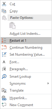 Numbering popup Word 2016