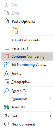 Continue Numbering in the popup menu Word 365