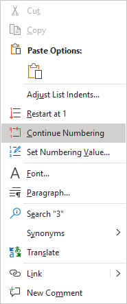 Continue Numbering in the popup menu Word for Microsoft 365 Continue Numbering in the popup menu Word 365