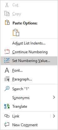 Set Numbering Value in the popup menu Word 365