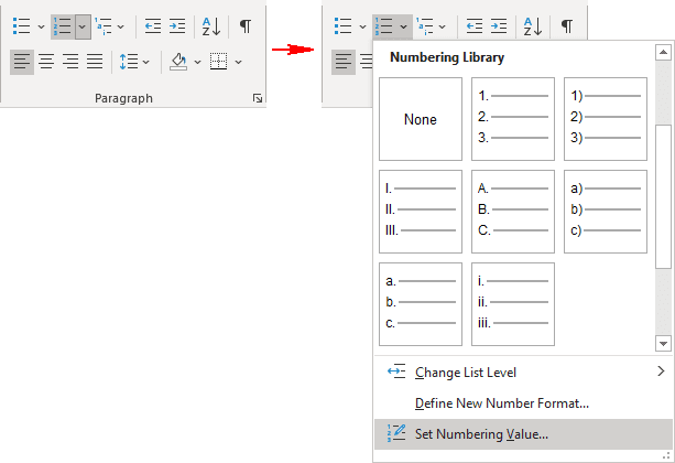 Set Numbering Value in Word 365