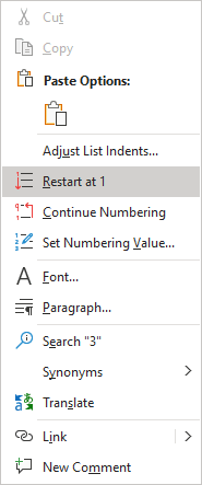 Restart at 1 in the popup menu Word 365