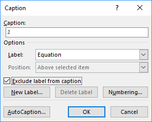 The Caption dialog box in Word 2016