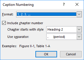 The Caption Numbering dialog box in Word 2016
