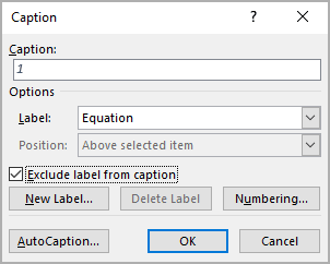 The Caption dialog box in Word 365