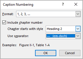The Caption Numbering dialog box in Word 365