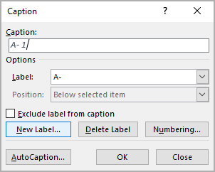 The New Label button in the Caption dialog box in Word 365
