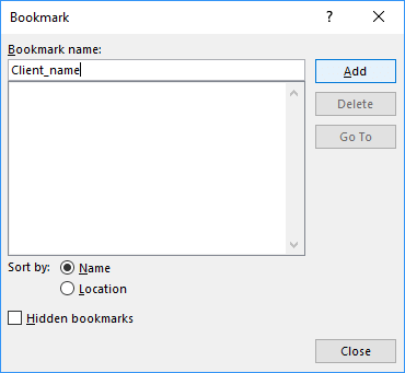 The Bookmark dialog box in Word 2016
