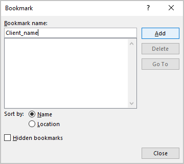 The Bookmark dialog box in Word for Microsoft 365 The Bookmark dialog box in Word 365