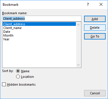 Bookmark dialog box in Word 2016