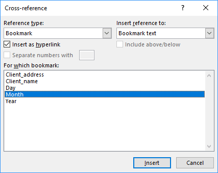 Cross-reference dialog box in Word 2016