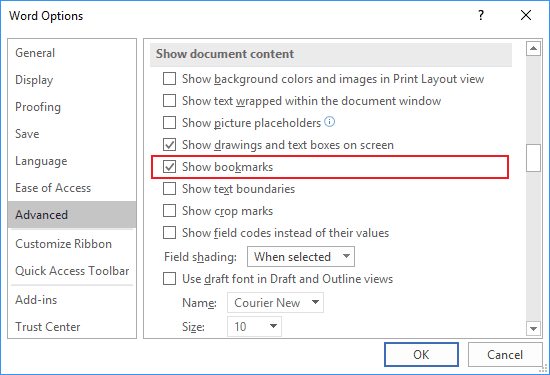 Advanced tab in Word Options 2016 Advanced tab in Word Options 2016