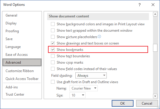 Advanced tab in Word Options 365